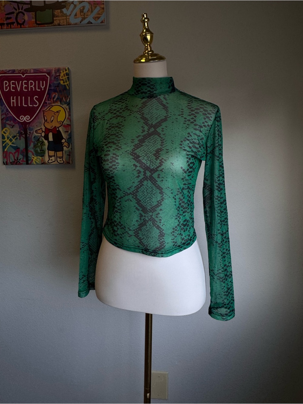 Green Snake-Print Sheer Neck Long-Sleeve Top